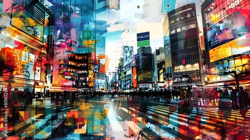 Architeture Abstract Illustration Colorfull of Tokio Japan Shibuya