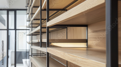 Close-up view: Amidst the rhythm of renovation, builders meticulously install sleek, modern shelving units that offer both storage and style in modern, bright apartments, each shel photo