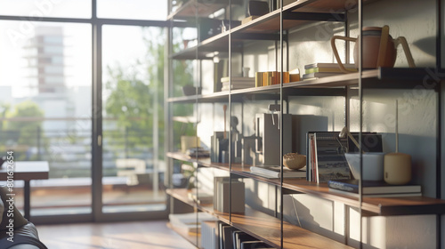 Close-up view: Amidst the rhythm of renovation, builders meticulously install sleek, modern shelving units that offer both storage and style in modern, bright apartments, each shel photo