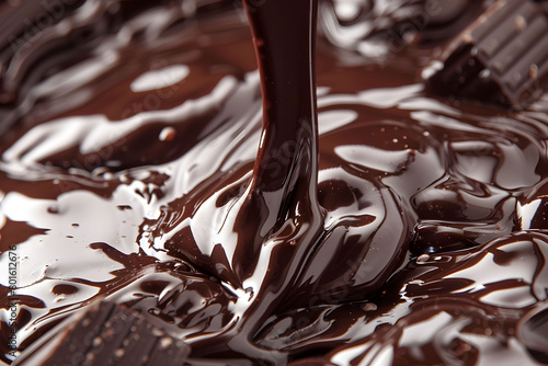 Pouring melted dark chocolate close-up. Gourmet baking ingredient concept. Rich texture and glossy finish. Design for cookbook  food magazine  poster
