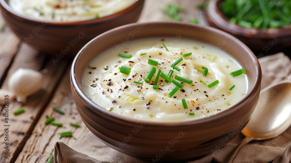 Creamy potato leek soup garnished with chives and cracked black pepper. Creamy potato leek soup garnished with chives and cracked black pepper.