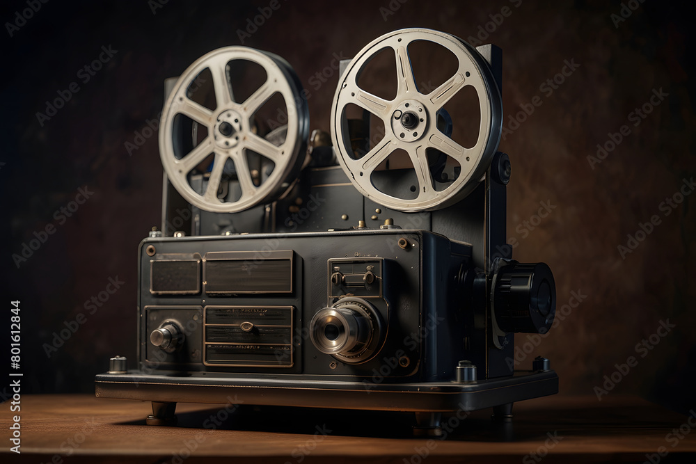 Vintage film projector resting on a wooden table