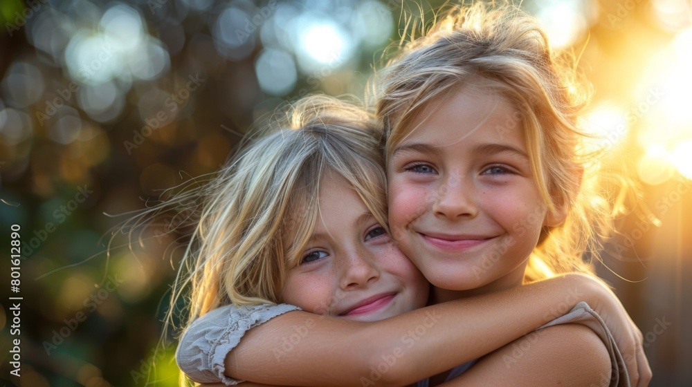 Two little girls hugging each other in a park setting, AI Stock Photo ...