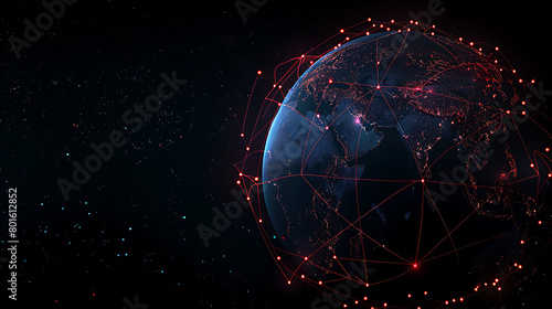 This digital representation portrays the Earth with illuminated outlines of continents and connecting lines, symbolizing global networks or connections