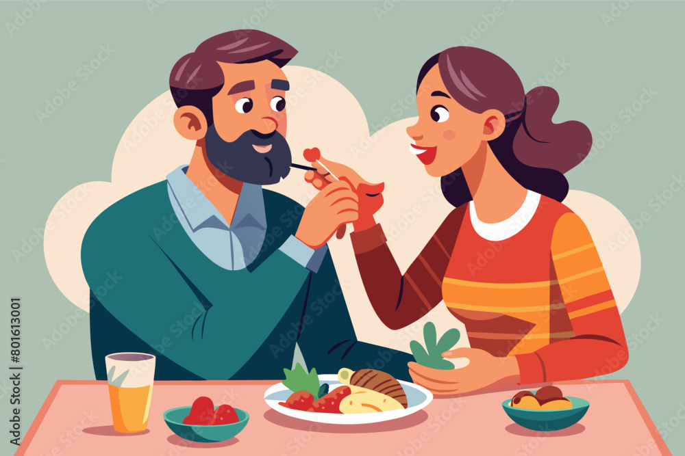 A man offering a bite of his meal to his partner, sharing the experience together A man offering a bite of his meal to his partner, sharing the experience together