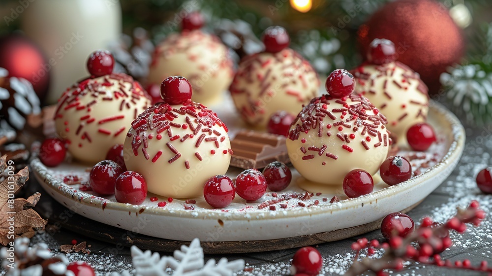 A white chocolate-covered plate sprinkled with red and white sprinkles A white chocolate-covered plate sprinkled with red and white sprinkles
