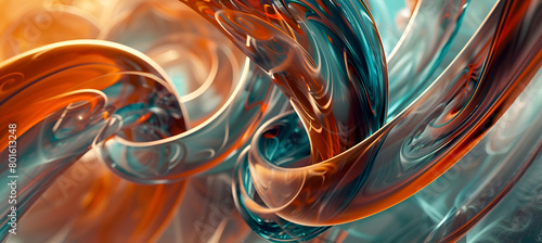 Abstract design with fluid, swirling lines and geometric elements in a striking combination of turquoise and burnt orange, captured in HD camera quality