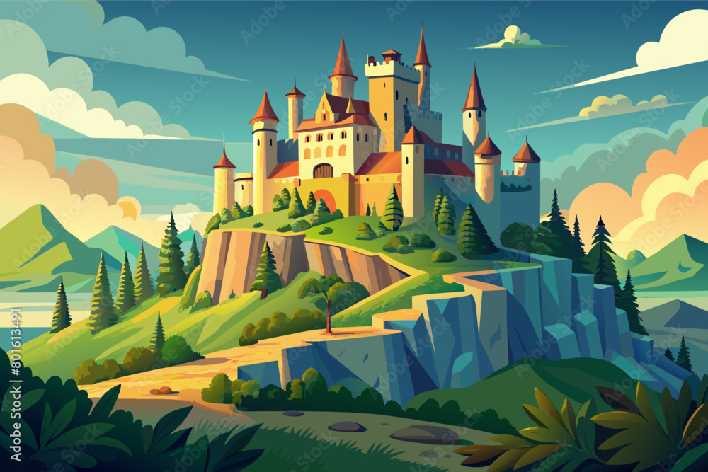 A majestic castle perched on a hilltop, with turrets reaching towards the sky and ivy-covered walls hiding centuries-old secrets within A majestic castle perched on a hilltop, with turrets reaching towards the sky and ivy-covered walls hiding centuries-old secrets within