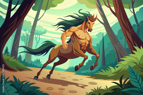 A majestic centaur with the body of a horse and the torso of a man, galloping through the forest with lightning speed and grace