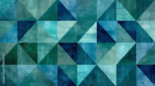 A geometric print featuring triangular shapes in shades of blue and green mimicking the rise and fall of waves..