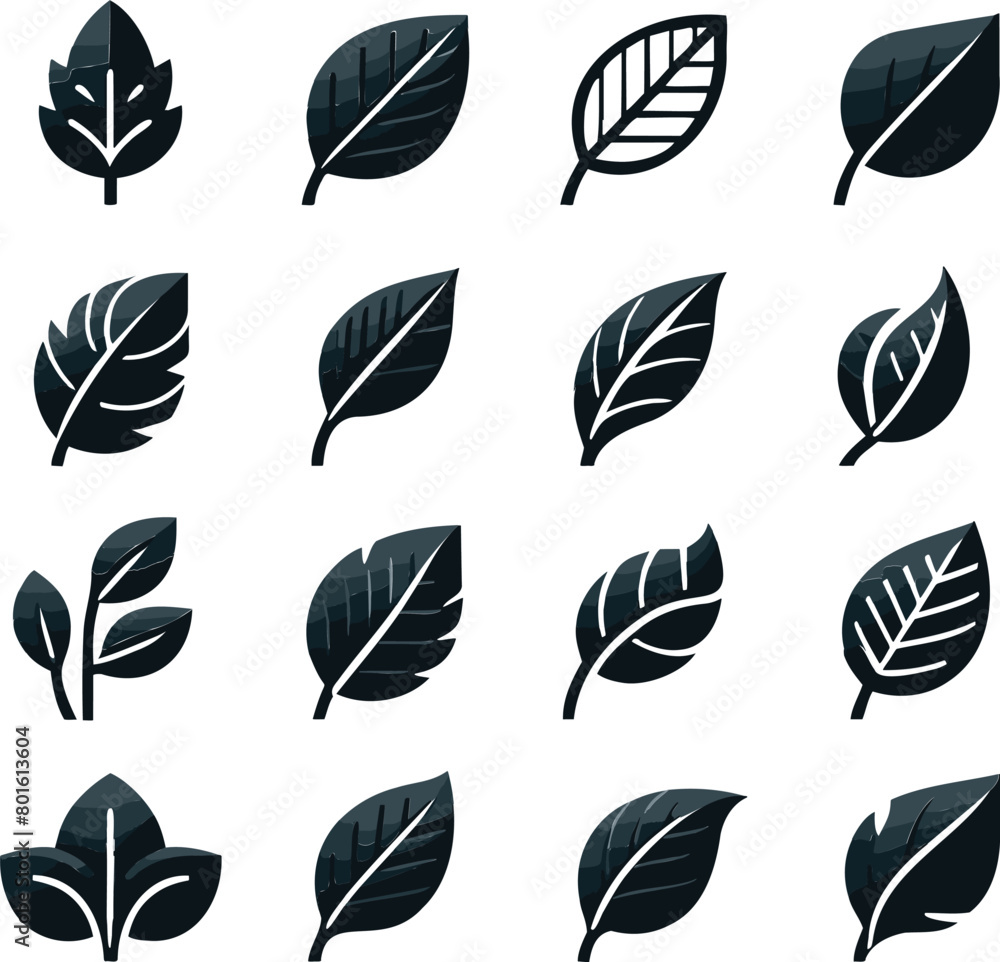 Obraz premium Leaf linear black icons, leaves and branches set. Leaves vector set isolated from background, leaves icons of different shapes in modern flat style.