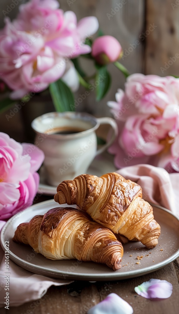 A plate of french croissants on an old wooden table, surrounded by pink peonies and coffee cups. Vertical format phone wallpaper design, invitation or web design. A plate of french croissants on an old wooden table, surrounded by pink peonies and coffee cups. Vertical format phone wallpaper design, invitation or web design.