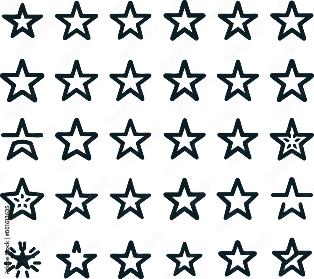 Stars set icons of black hand drawn vector stars in doodle style on a white background. Can be used as a pattern or standalone element, sketch brush marks. Stars set icons of black hand drawn vector stars in doodle style on a white background. Can be used as a pattern or standalone element, sketch brush marks.