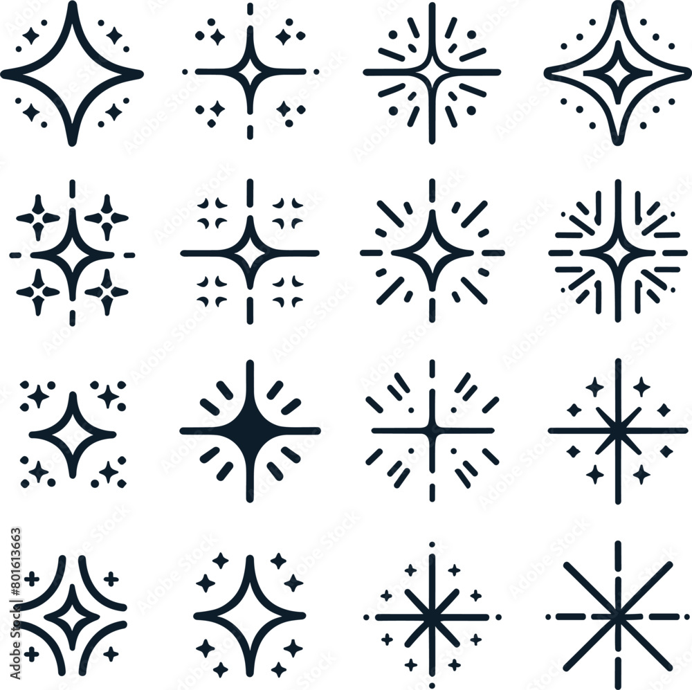 Fototapeta premium Sparkling Stars set icons retro futuristic sparkle sign vector design.pastel colorful black and white Templates for design, posters, projects, banners, logo, and business cards Shine icon, Clean star 