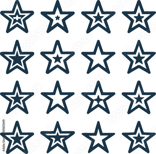 Stars set icons of black hand drawn vector stars in doodle style on a white background. Can be used as a pattern or standalone element  sketch brush marks.