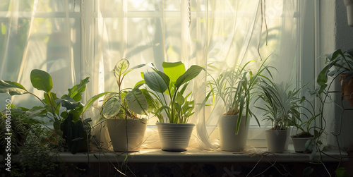 Green plants on a windowsill. Generative AI