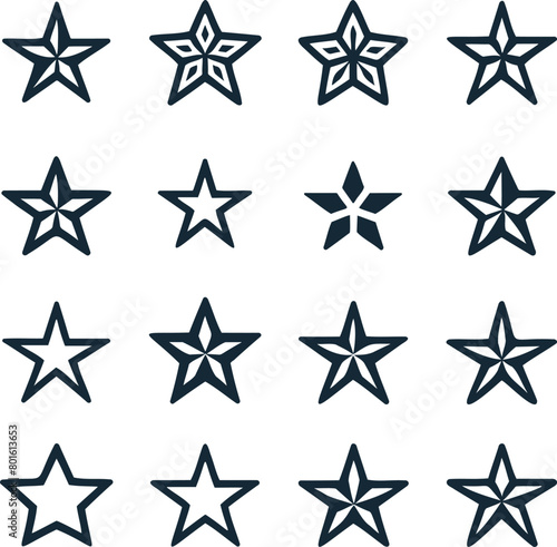Stars set icons of black hand drawn vector stars in doodle style on a white background. Can be used as a pattern or standalone element  sketch brush marks.