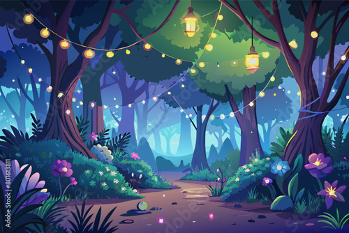 A magical forest glade with sparkling fairy lights illuminating the trees, creating a whimsical and enchanting atmosphere