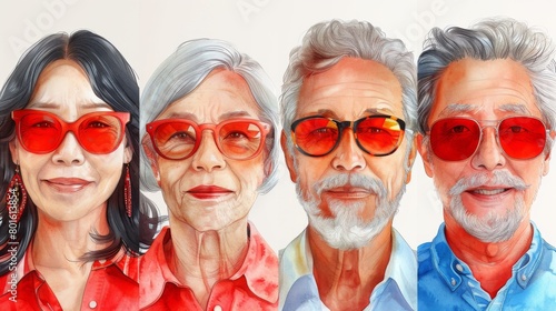 A group of people with red glasses and a woman in the middle  AI