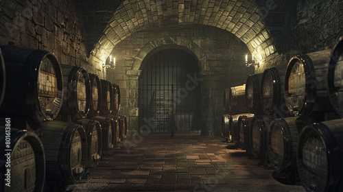 A secret wine cellar, dimly lit, with rows of oak barrels, and a single wrought-iron gate leading to rare vintages.