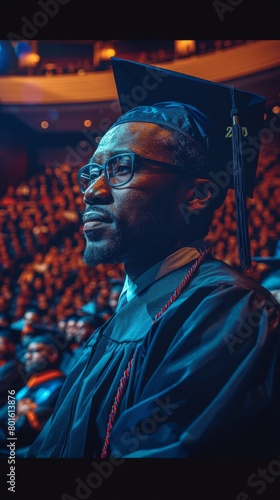 A man in graduation cap and gown looking at the camera, AI