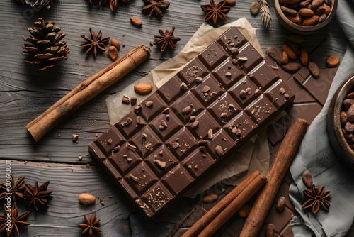 Artisanal dark chocolate bar surrounded by spices. Rustic gourmet presentation with cinnamon and star anise. Rich flavor concept. Design for cookbook, food magazine, poster