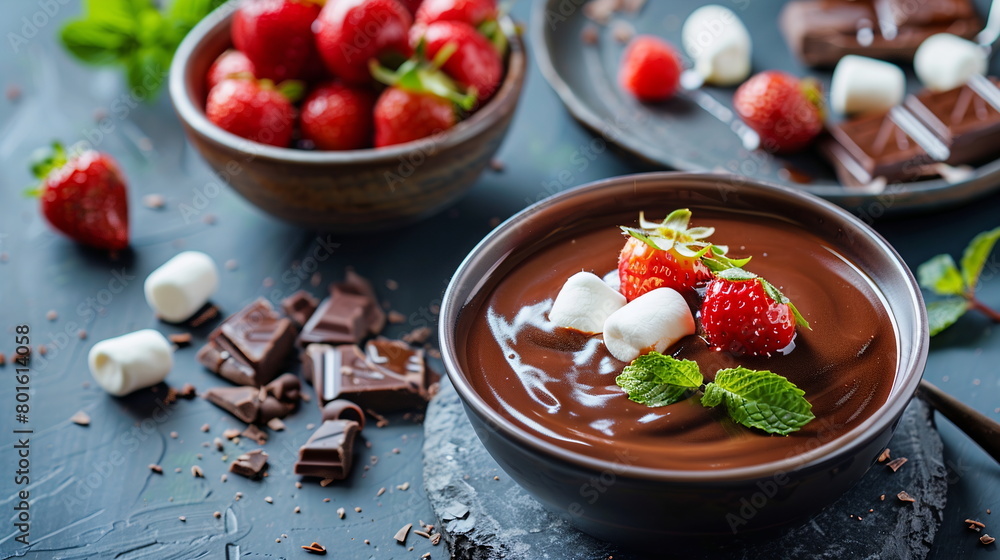 Decadent chocolate fondue served with assorted fruits and marshmallows for dipping. Decadent chocolate fondue served with assorted fruits and marshmallows for dipping.
