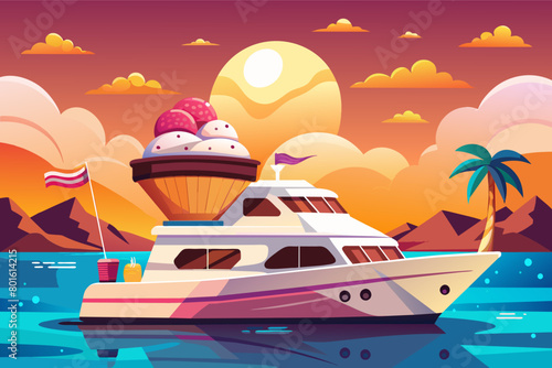 A luxurious ice cream yacht, offering exclusive sunset cruises with decadent dessert options