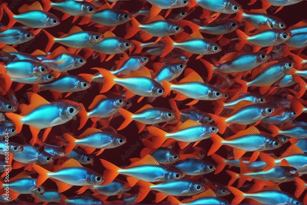 Fototapeta premium 'isolated paracheirodon swarm tetra freshwater innesi fish neon fresh water tropical aquatic green red bright aquarium colourful blue cardinal albino animal barb catfish colours detailed female fin'