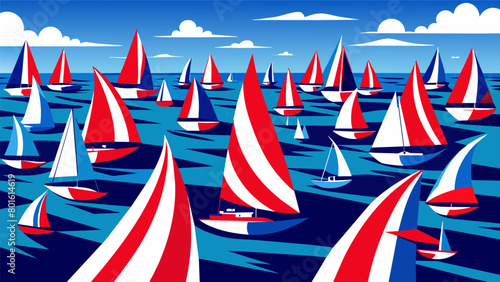 A sea of red white and blue as boats of all sizes compete in the patriotic sailing regatta.. Vector illustration