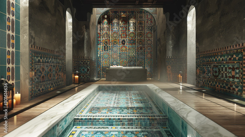A Moroccan-inspired hammam, mosaic-tiled walls, and a single marble slab for relaxation, steam rising from the heated floor. photo