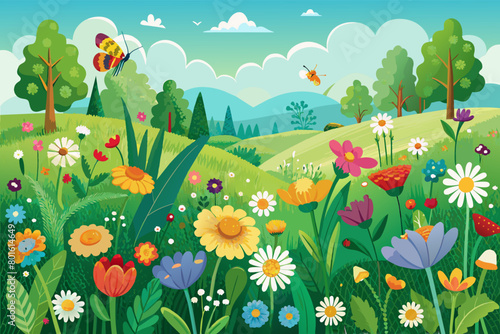 A lush green meadow dotted with colorful wildflowers, buzzing with bees and butterflies in summer