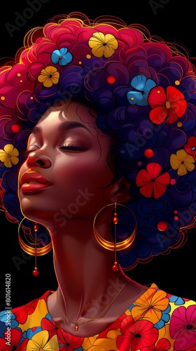 A woman with a colorful afro wearing earrings and hoop earings, AI