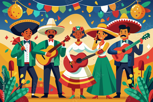 Lively street parade with musicians and dancers