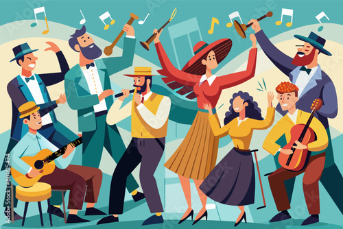 Lively street parade with musicians and dancers