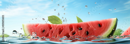 A refreshing watermelon slice placed on a pool float, with a few watermelon seeds scattered around, and a summery background. photo