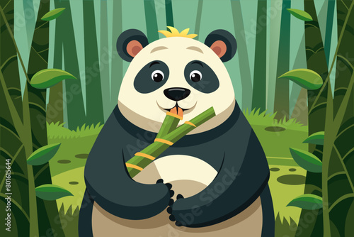 A hungry panda eagerly devouring a fresh bamboo shoot, its munching sounds echoing through the forest