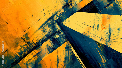 An abstract art piece with sleek lines and sharp angles, using a striking color contrast of lemon yellow and deep indigo, resembling a photograph taken with a high-definition camera