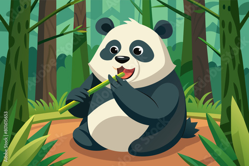 A hungry panda eagerly devouring a fresh bamboo shoot, its munching sounds echoing through the forest