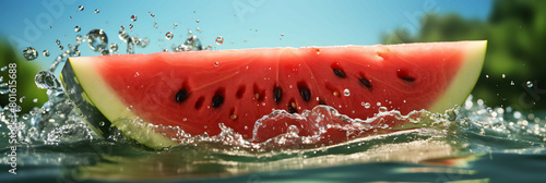 A refreshing watermelon slice placed on a pool float, with a few watermelon seeds scattered around, and a summery background.