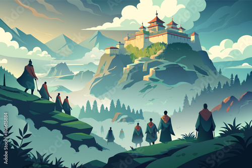 A hilltop monastery surrounded by mist, with monks emerging from the fog to begin their morning rituals and prayers
