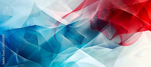 An abstract composition with sweeping curves and sharp angles in a striking mix of cherry red and azure blue, captured in high definition