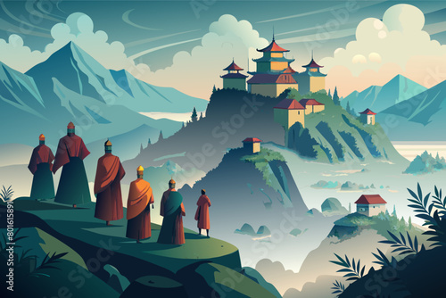 A hilltop monastery surrounded by mist, with monks emerging from the fog to begin their morning rituals and prayers