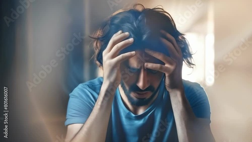 A man in a moment of profound stress or emotional pain, hands clasped on his head in a dimly lit room, conveying a strong feeling of despair. Depression and apathy. A man is holding his head. Sad mood photo