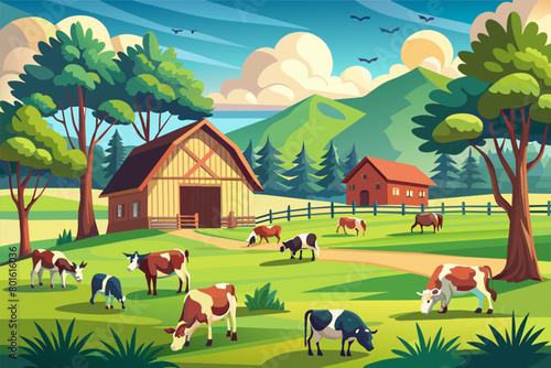 A herd of cows grazing peacefully in a lush green pasture, with a rustic barn in the background