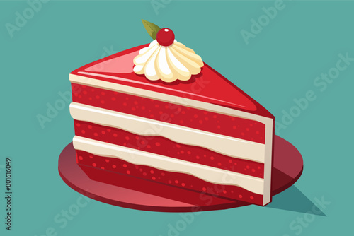 A heavenly slice of red velvet cake layered with cream cheese frosting, served with a drizzle of raspberry coulis