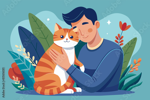 A heartwarming photograph of a cat cuddled up with its owner, purring contentedly in their lap