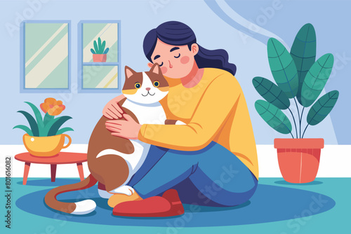 A heartwarming photograph of a cat cuddled up with its owner, purring contentedly in their lap