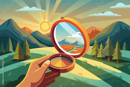 A hand-held compact mirror catching the sunlight as its opened by a traveler on a journey photo