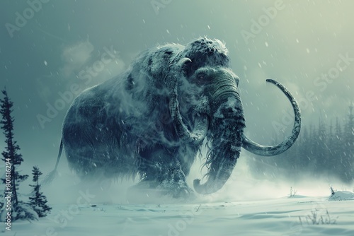 Witness the grandeur of a Woolly Mammoth standing tall against a backdrop of a frozen waterfall, its tusks gleaming in the icy light photo